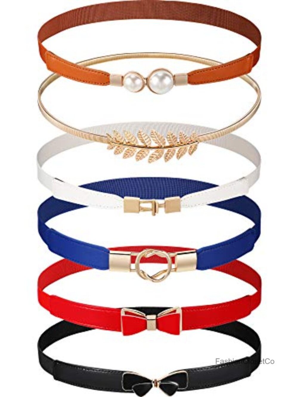 6 Pack Women Skinny Stretch Belts Elastic Waist Cinch Retro Faux Leather Metal